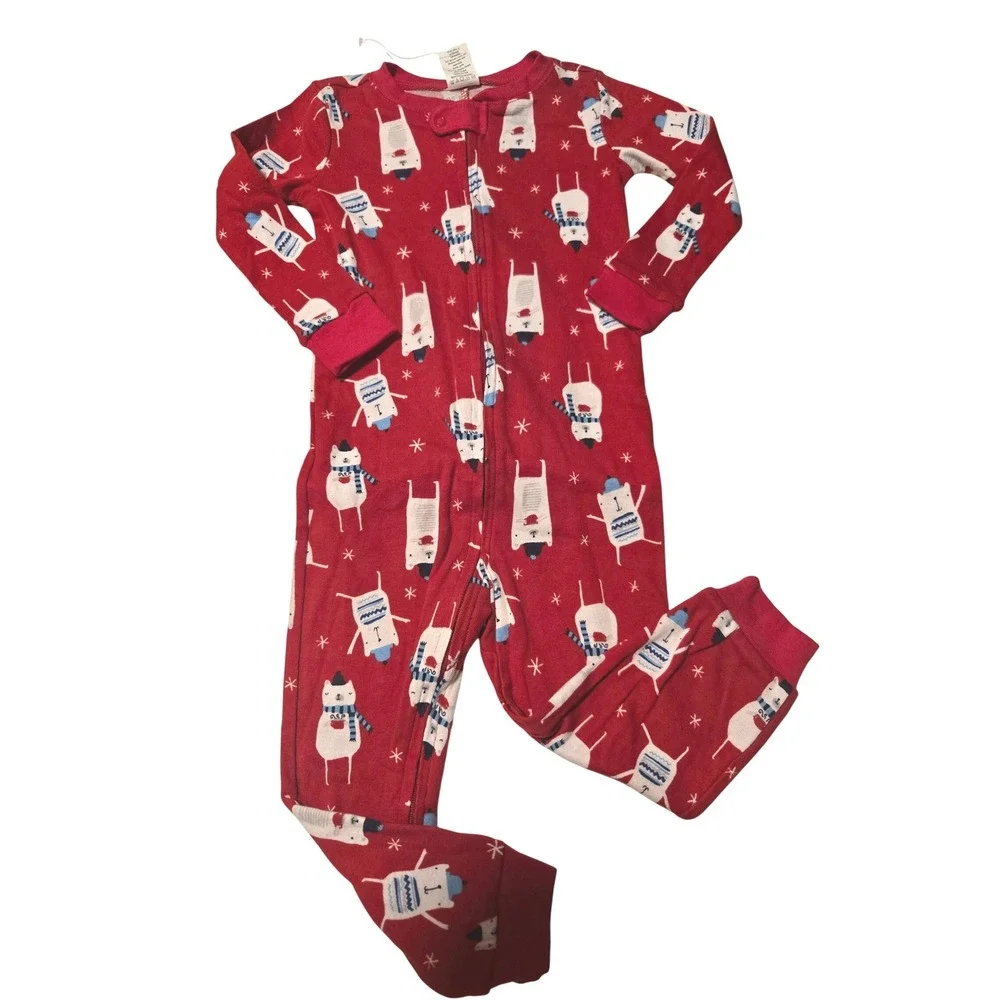 Gymboree Red Snowman Cat Fleece‎ Footed Pajamas Sleepwear Kids 18-24 Months